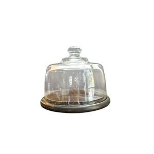 Vintage Genuine Wooden Cheese Board With Covered Dome Heavy Clear Glass Cover